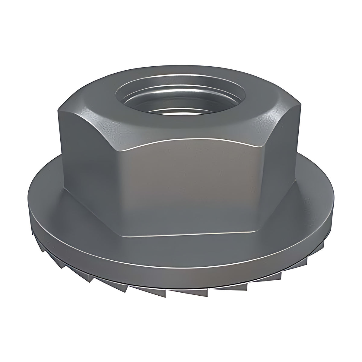 Hobson M8 to M20 serrated hex flange nut, hot dip galvanised, dull grey hex nut seen side-on with serrated flange underside