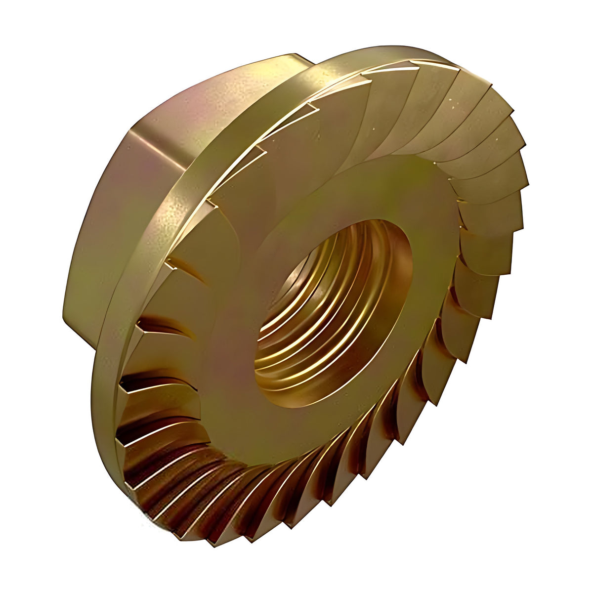 Hobson M4 to M16 serrated hex flange nut, zinc yellow passivate, gold-toned nut with serrated flange, top view