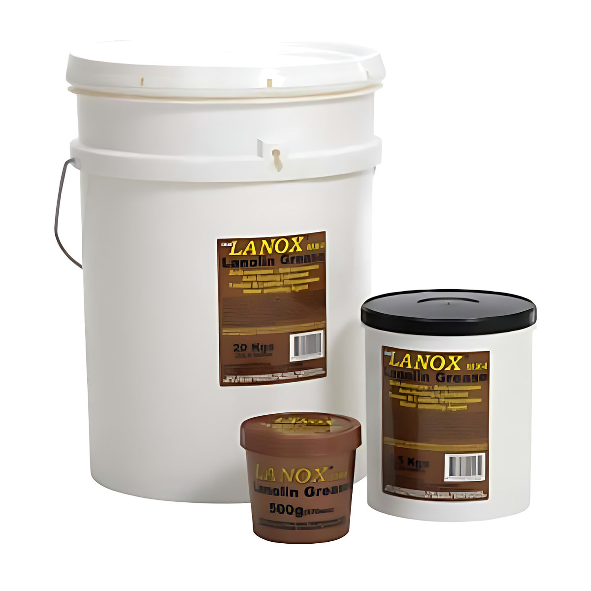Inox Lanox MX4 Lanolin Grease containers: 20 Kgs pail, a tub with black lid and a 500g tub