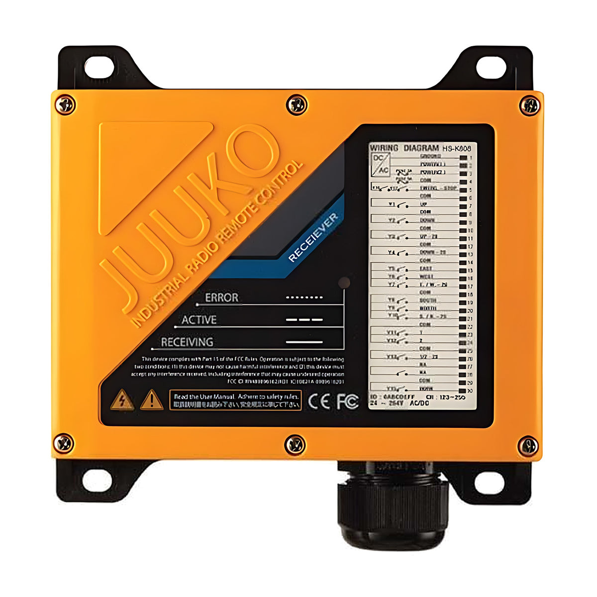 Orange JUUKO receiver unit with wiring diagram label, mounting lugs and cable gland, for the six button dual speed remote