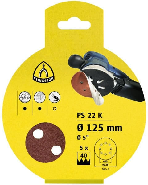 Klingspor 125mm Hook and Loop Sanding Disc No Hole 40 Grit 25pc 241614