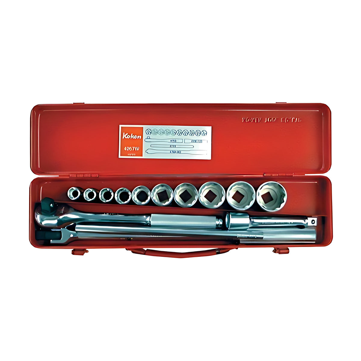 Ko-Ken 4267W Whitworth socket set in an open red metal case, with chrome sockets in a row and a ratchet and extension bar alongside