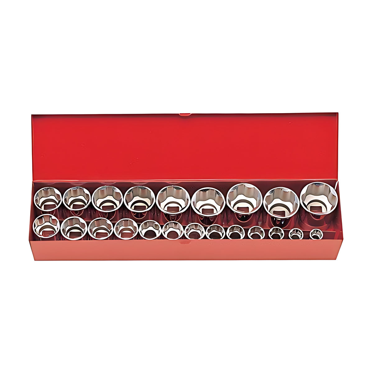 Ko-Ken 4251M-6P socket set in an open red metal case, with chrome 6-point metric sockets in two rows from large to small