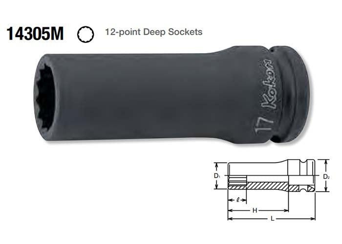 Ko-Ken 12Pt Deep Impact Socket 1/2" Drive x 17mm2