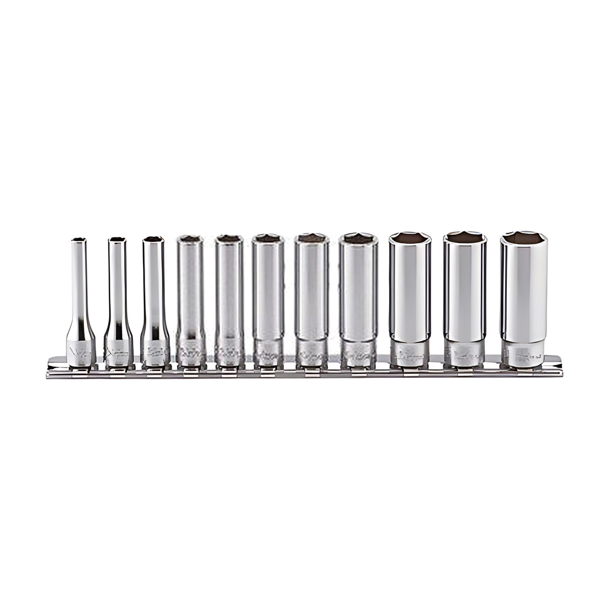 Ko-Ken RS2305M/11 set of eleven chrome 12-point deep sockets in graduated sizes, mounted upright on a silver rail