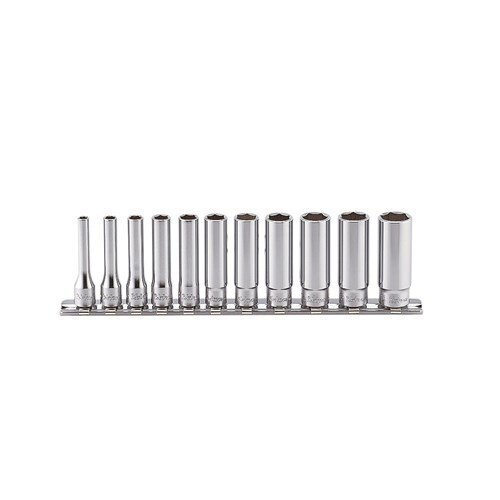 Ko-Ken 1/4" Drive (4 - 14mm) 12Pt On Rail Deep Socket Set, 11 Pcs - AIMS Industrial Supplies