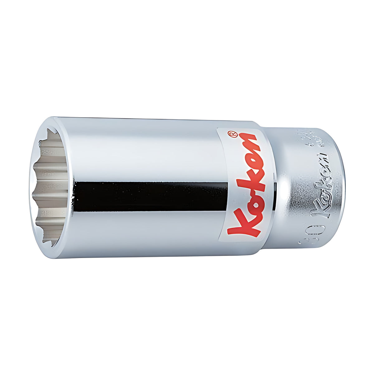 Ko-Ken 6305M deep socket in polished chrome with a 12-point opening, red Ko-ken label and a stepped body, metric size