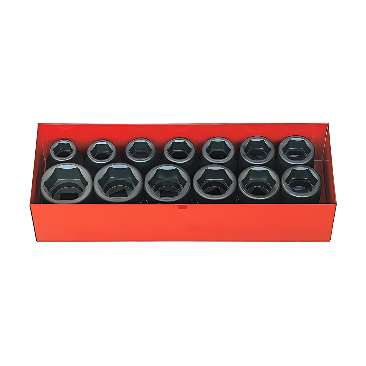 Ko-Ken 16201A impact socket set in an open red metal case, with black 6-point inch sockets in two rows from small to large