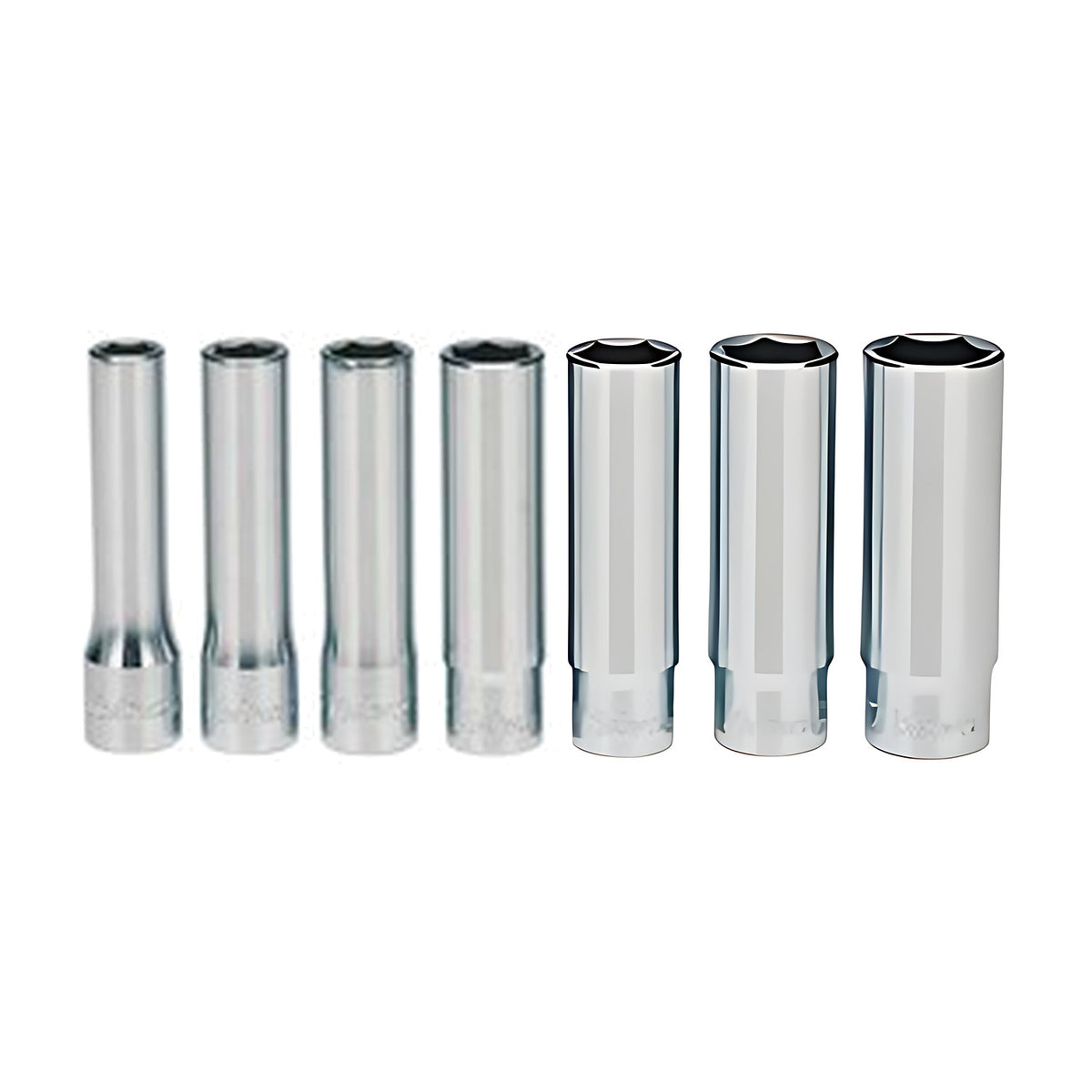 Ko-Ken 2274A deep sockets, seven chrome sockets of rising size standing upright in a row
