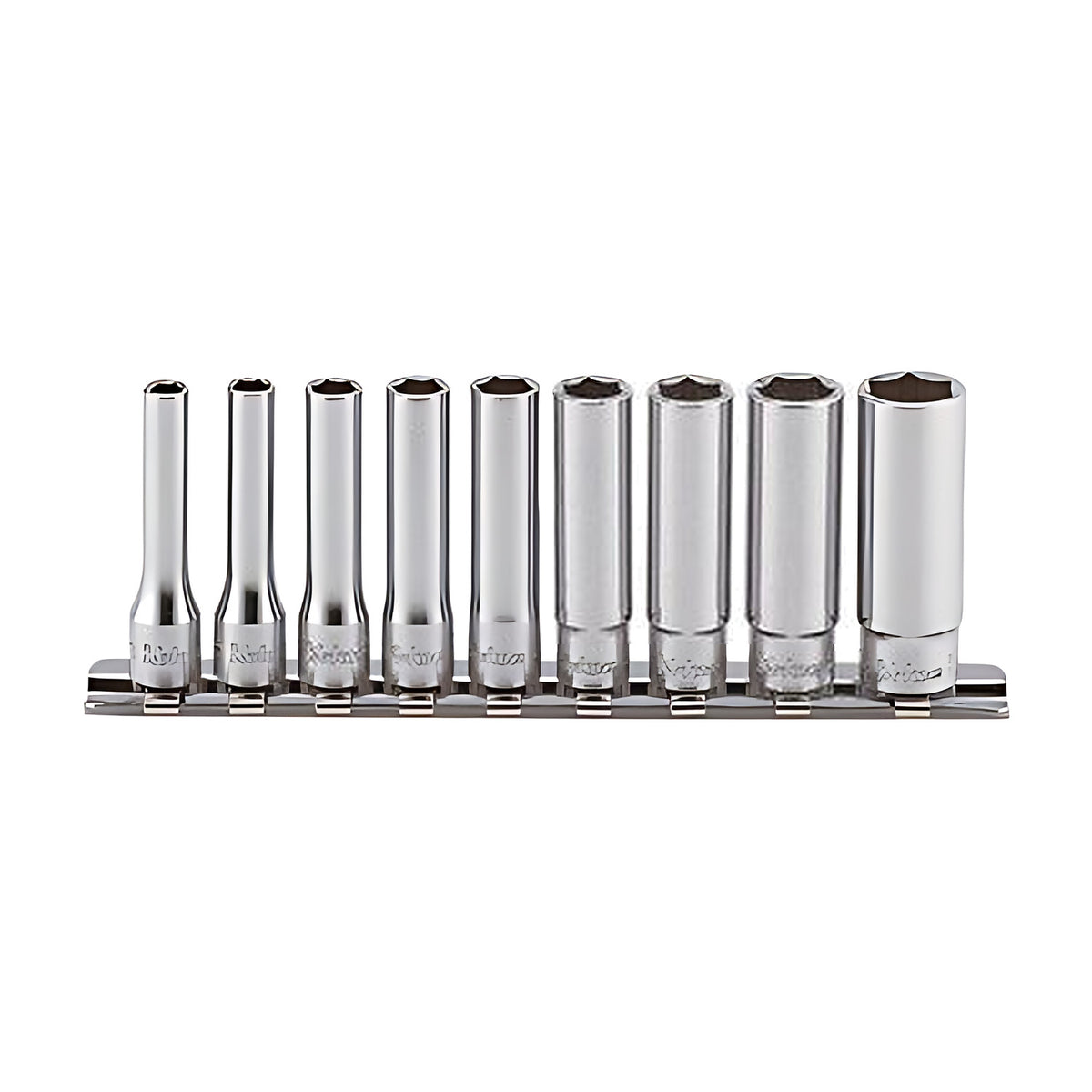 Ko-Ken RS2305A/9 deep 12-point sockets, nine slim chrome sockets of rising size mounted upright on a rail