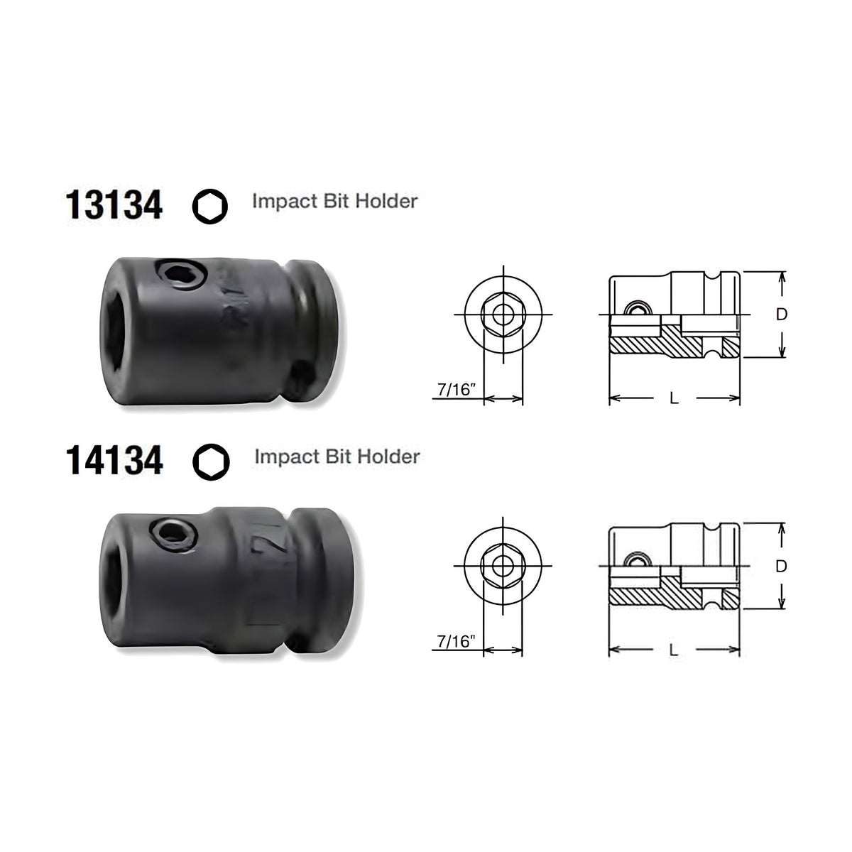 Ko-Ken 13134, 14134 and 16134 impact bit holders in black finish with dimension drawings showing D and L, and a 7/16 in hex