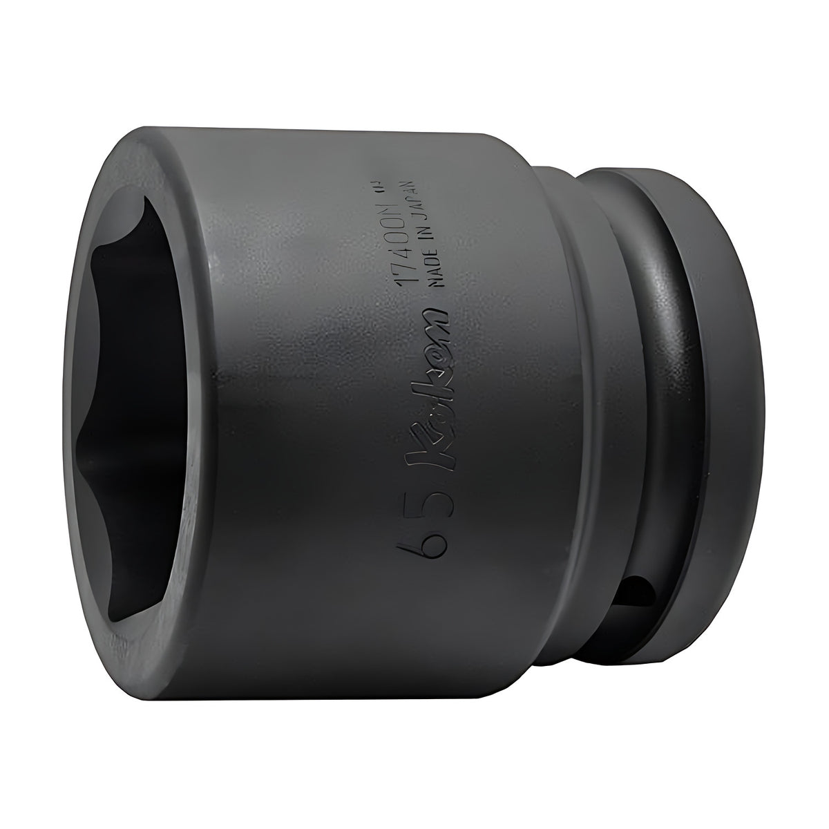 Ko-Ken 17400M 6-point impact socket in black finish, large socket facing the hex opening with the size 65 stamped on the side