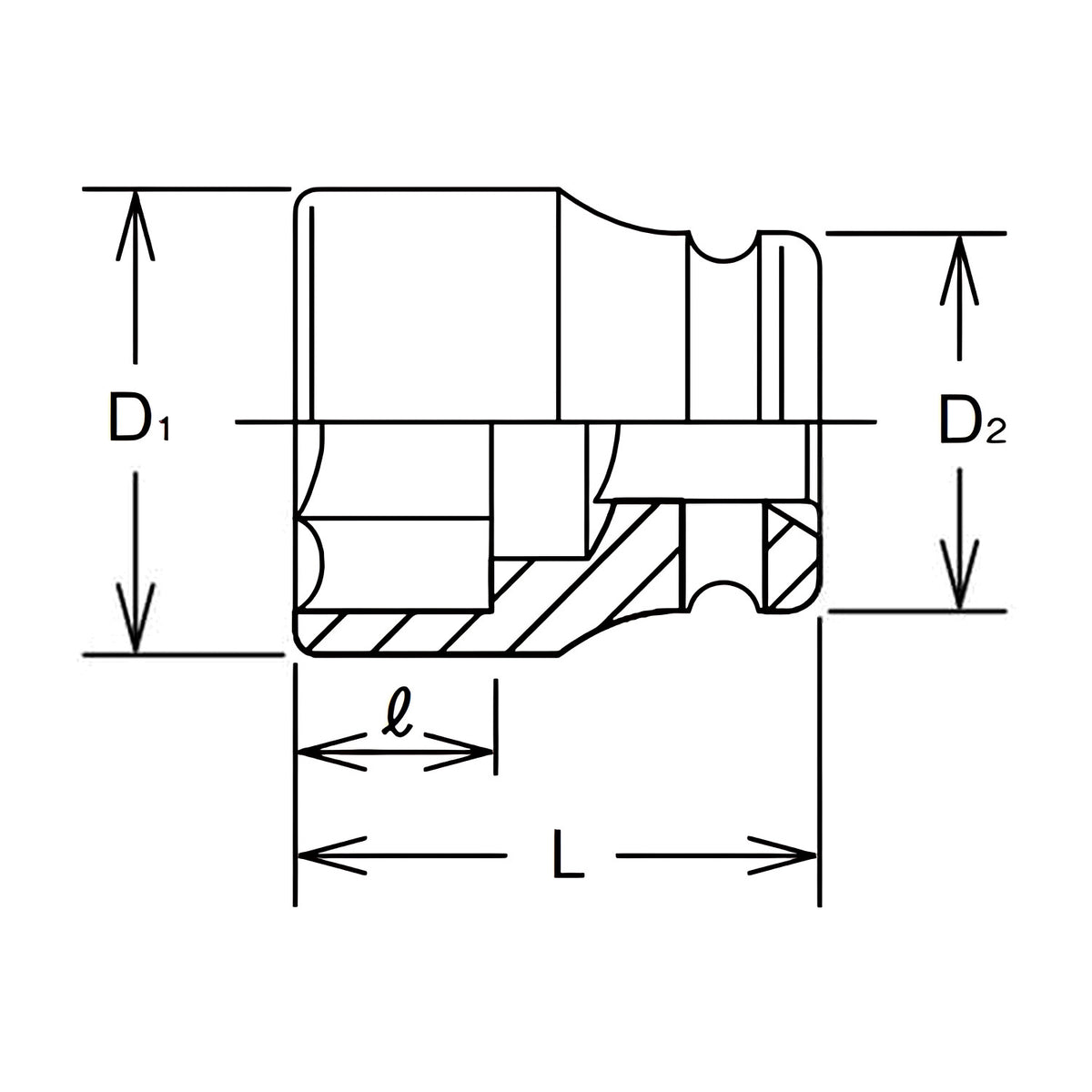 Dimension drawing of a Ko-Ken 17400M 6-point impact socket, with D1, D2, L and l marked on a sectioned view