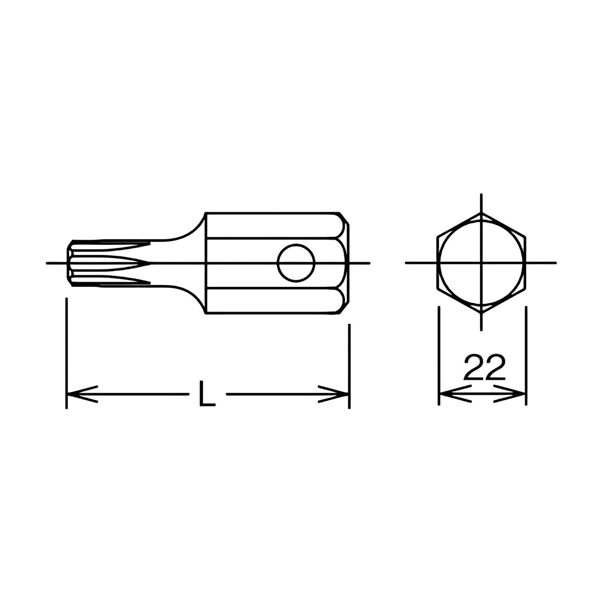 Dimension drawing of a Ko-Ken 107-22 (T) impact Torx bit, with length L and 22 across the hex marked, shown side and end on