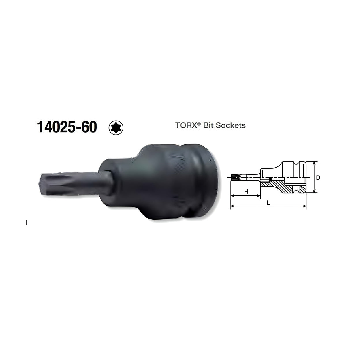 Ko-Ken 14025-60 (T) impact Torx bit socket in black finish with a dimension drawing showing D, H and L, and a Torx symbol