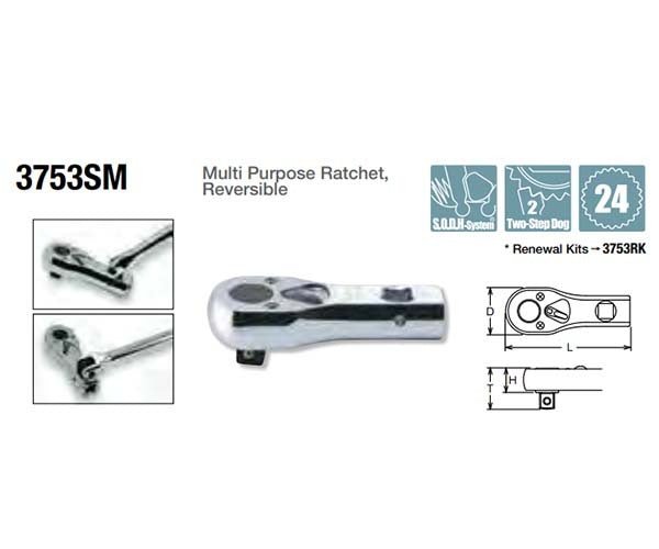 Ko - Ken Multi - Purpose Reversible Ratchet 3/8" Drive x 81mm (24 Gears) - AIMS Industrial Supplies
