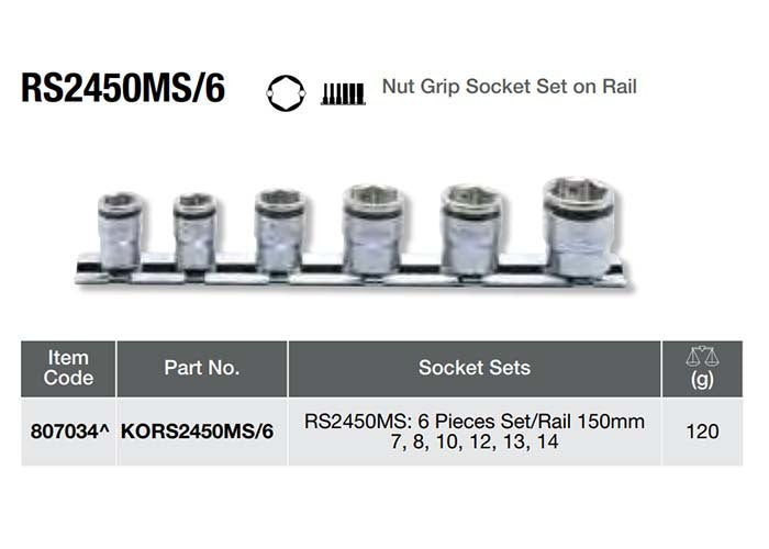 Ko-Ken Nut Grip Deep Socket Set On Rail 1/4" Drive x 6 - 14mm, 6pcs2