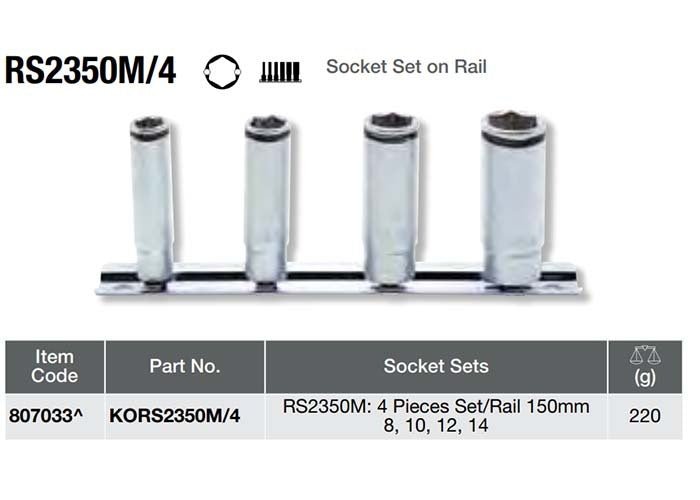 Ko - Ken Nut Grip Deep Socket Set On Rail 1/4" Drive x 8 - 14mm, 4pcs - AIMS Industrial Supplies