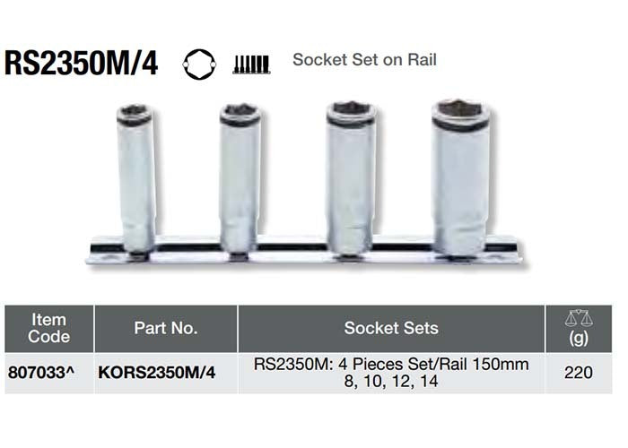 Ko-Ken Nut Grip Deep Socket Set On Rail 1/4" Drive x 8 - 14mm, 4pcs2
