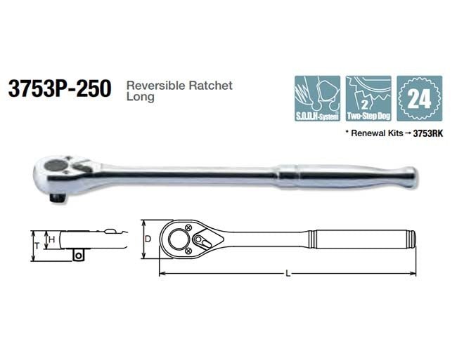 Ko - Ken Reversible Ratchet Long 3/8" Drive x 250mm (24 Gears) - AIMS Industrial Supplies