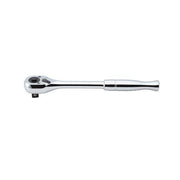 Ko-Ken 4753NB/PB reversible ratchet with quick release button, chrome head and a smooth slim chrome handle with a flared end, side view