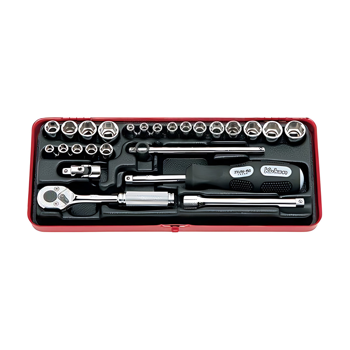 Ko-Ken 2201AM 6-point socket set in a red and black case, with rows of sockets, a ratchet, extension bars and a black-handled driver