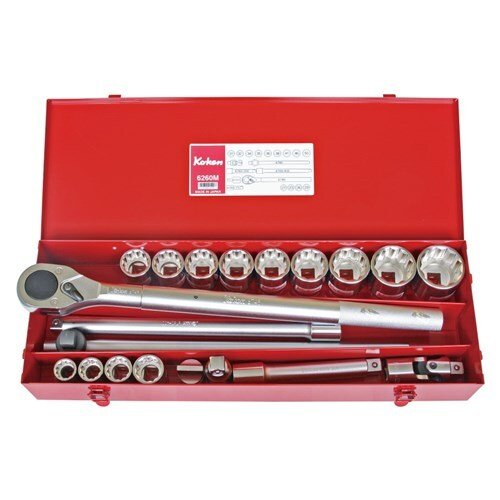 Ko - Ken Socket Set 3/4" Drive 12 Point 21 - 50mm, 20 Pieces - KO6260M - AIMS Industrial Supplies