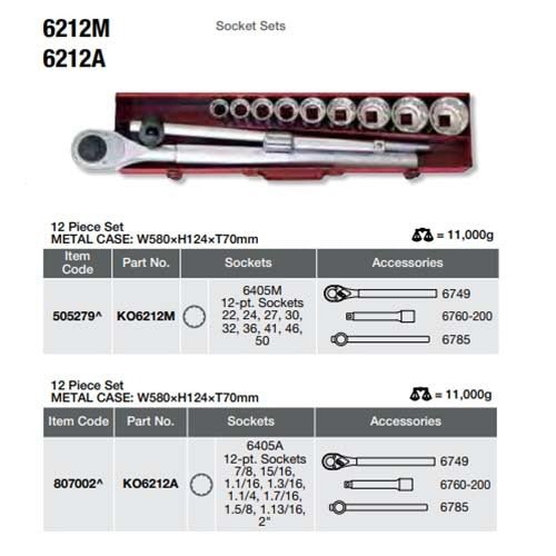 Ko - Ken Socket Set 3/4" Drive 12 Point 7/8" to 2", 12 Pieces - KO6212A - AIMS Industrial Supplies