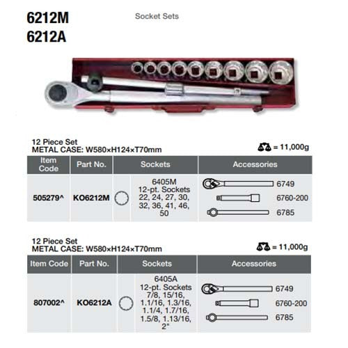 Ko-Ken Socket Set 3/4" Drive 12 Point 7/8" to 2", 12 Pieces - KO6212A2