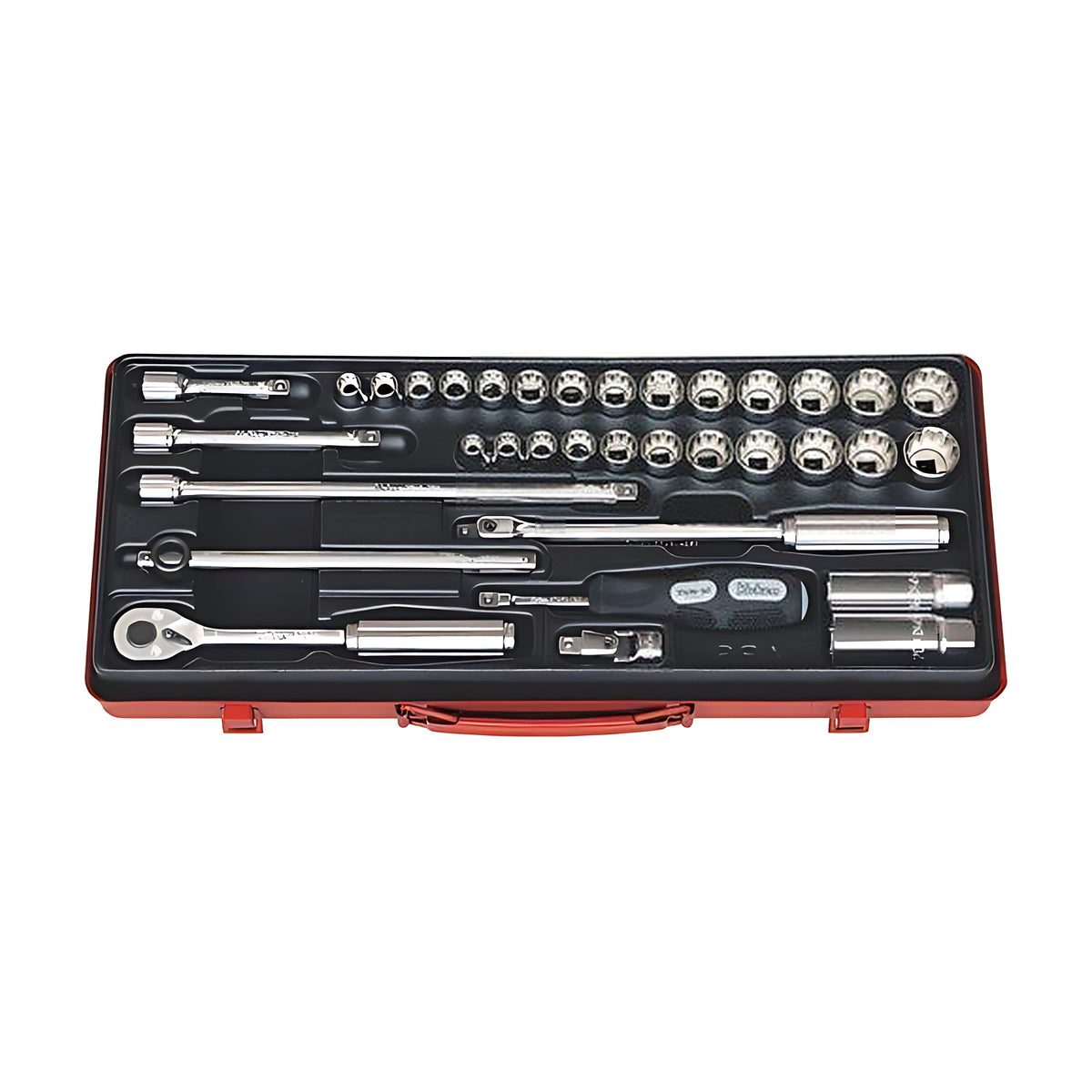 Ko-Ken 3279AM 12-point socket set in a red metal case, with many sockets in rows, a ratchet, extension bars and a black-handled driver