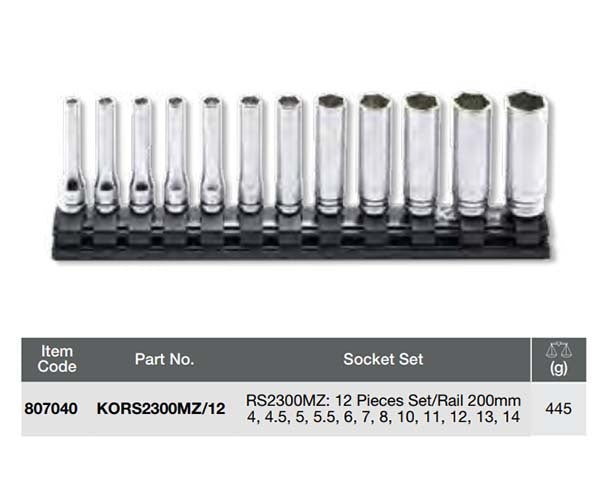 Ko-Ken Socket Set Rail Z Series 1/4" Drive 6Pt, 4 - 14mm, 12 Pieces2