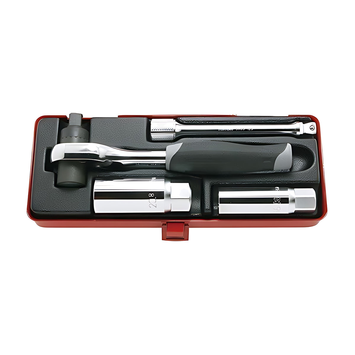Ko-Ken 3225A spark plug socket set in a red case with a black-handled torque ratchet, two spark plug sockets and an extension bar