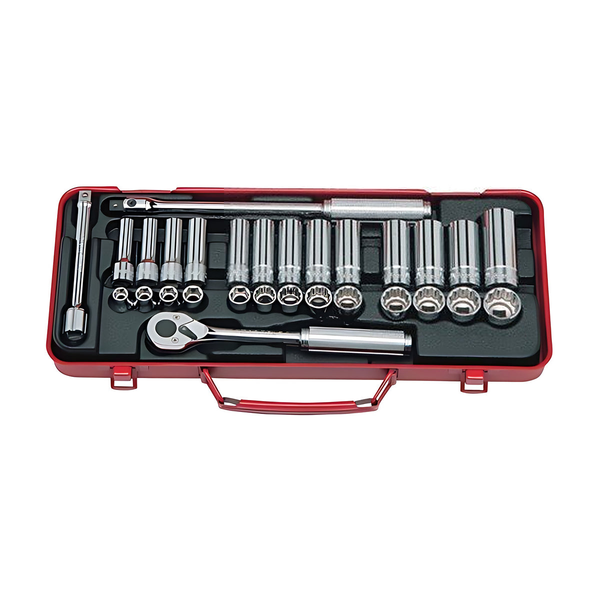 Ko-Ken 3277 socket set in a red metal case with rows of standard and deep sockets, a ratchet, a sliding T-handle and extension bars in black foam