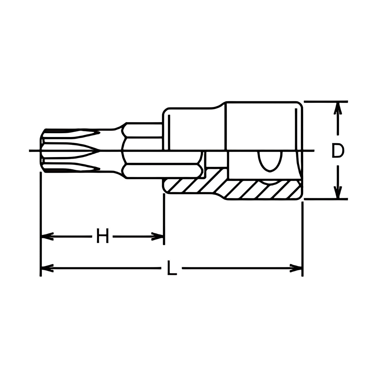 Dimension drawing of a Ko-Ken 3025-50 TorxPlus bit socket, with D, H and L marked