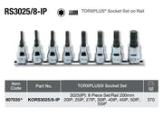 Ko-Ken RS3025/8-IP set of 8 TorxPlus bit sockets on a chrome rail, with a code, part number and weight table below