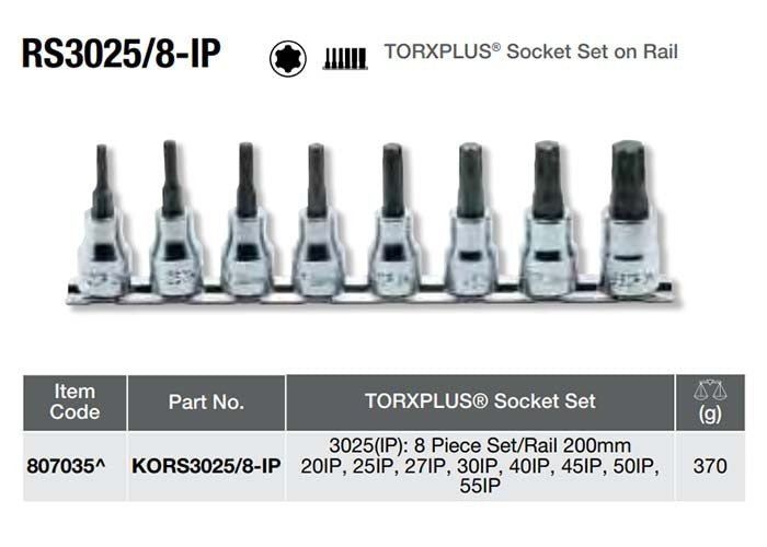 Ko - Ken Torx Plus Bit Socket Set On Rail 3/8" Drive x 20 - 55IP, 8pcs - AIMS Industrial Supplies