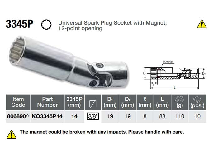 Ko-Ken Universal Spark Plug Socket W/ Magnet 3/8" Drive x 14mm2