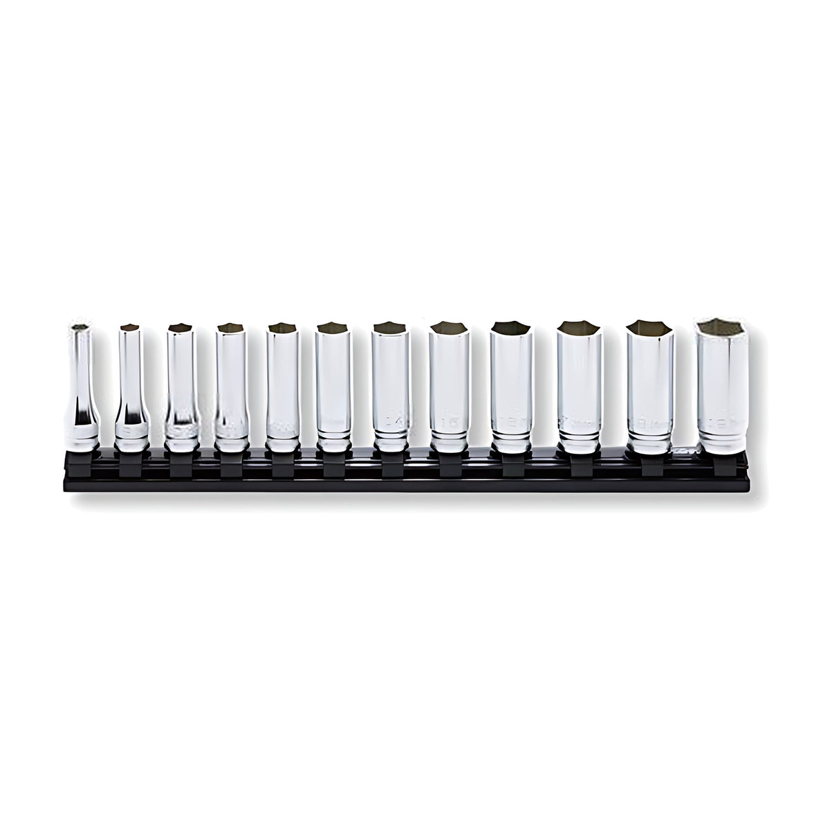 Ko-Ken RS3300MZ/12 set of 12 deep chrome sockets on a black rail, graduated from small to large