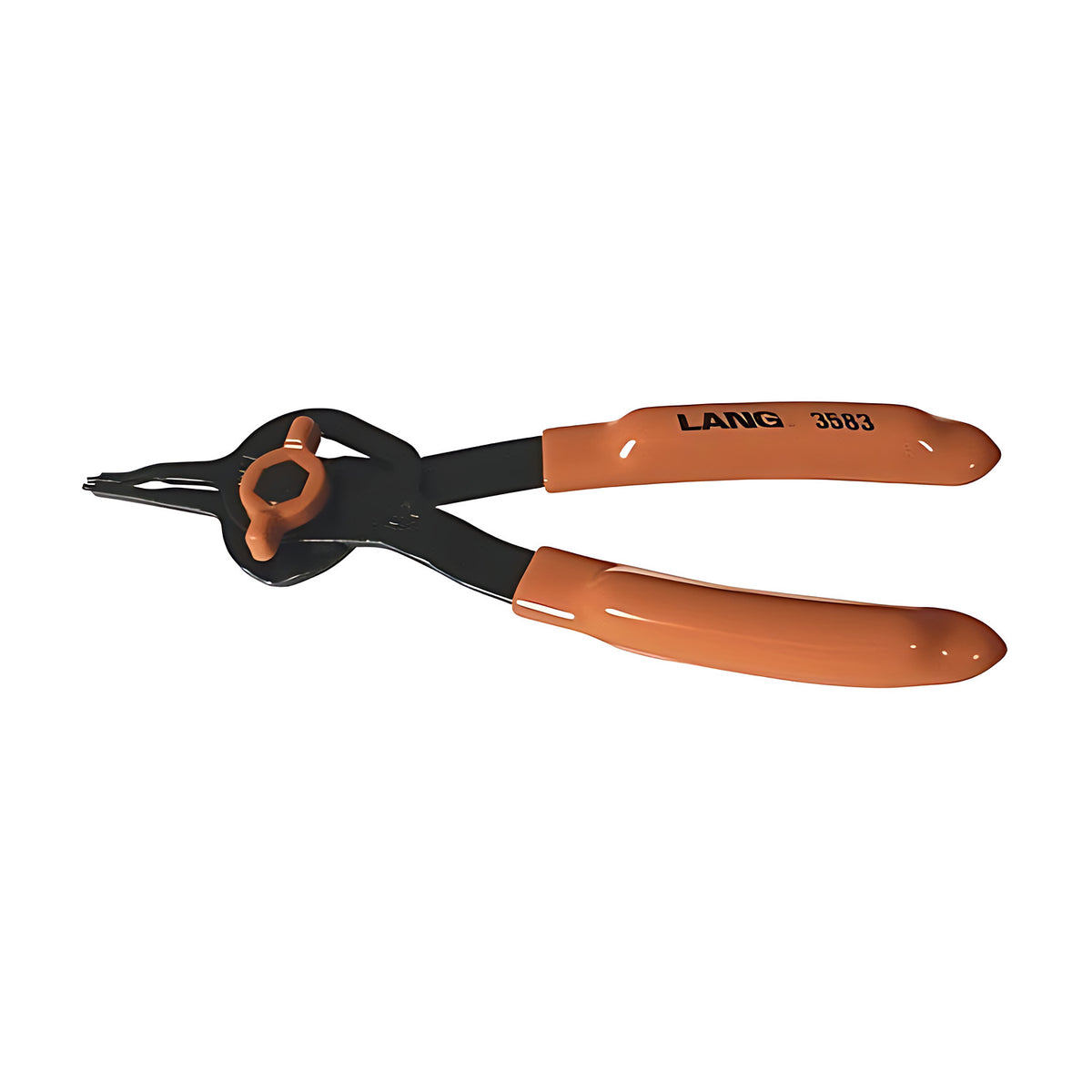Lang combination snap ring pliers with orange handles, an orange selector at the pivot and a straight tip