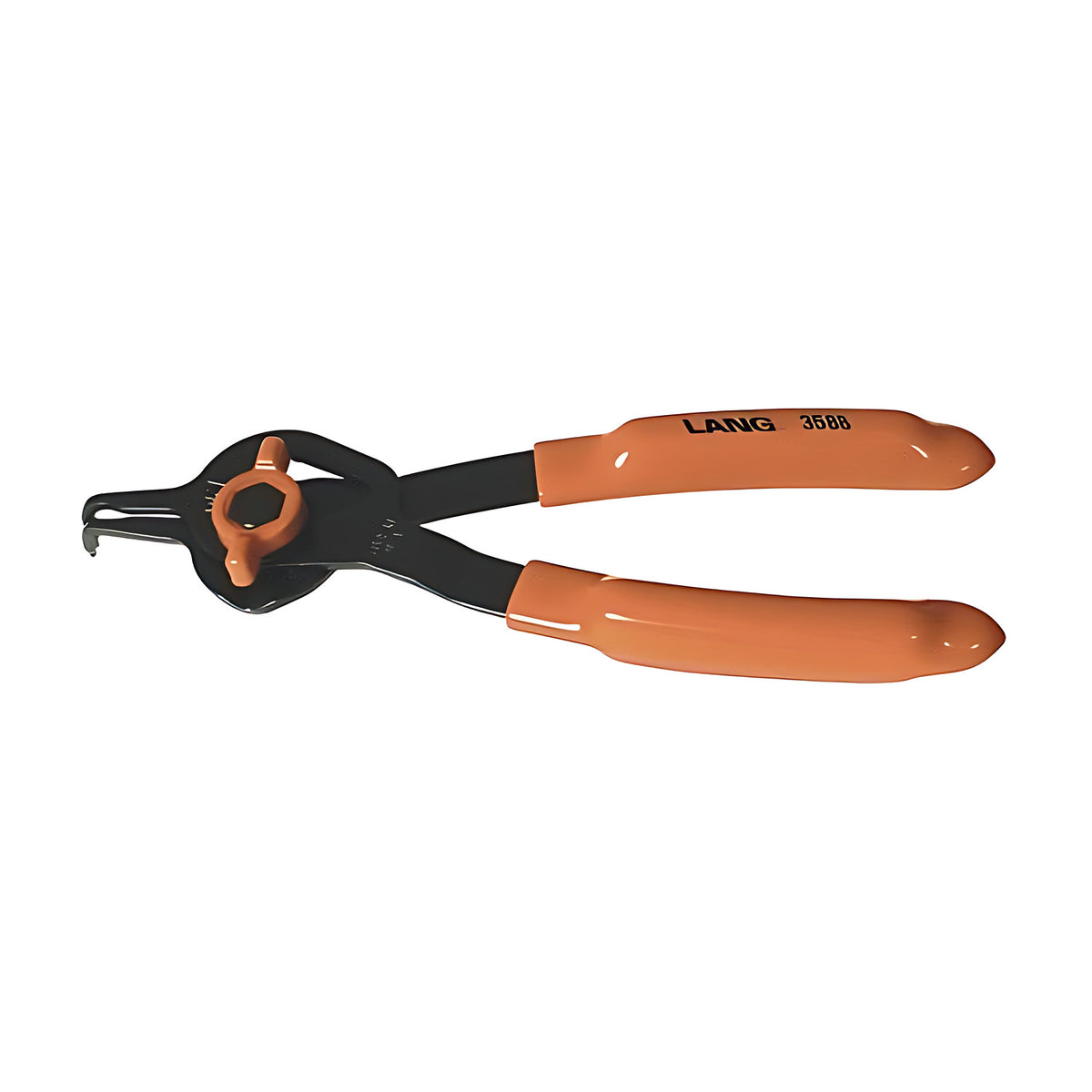 Lang combination snap ring pliers with orange handles, an orange selector at the pivot and a bent tip