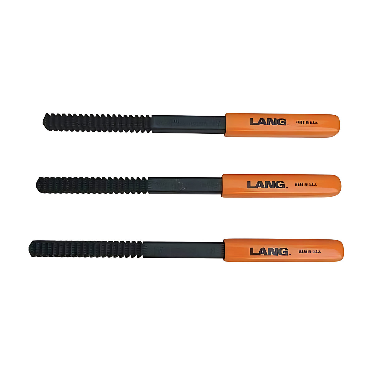 Three Lang thread restorer files with orange handles laid in a row