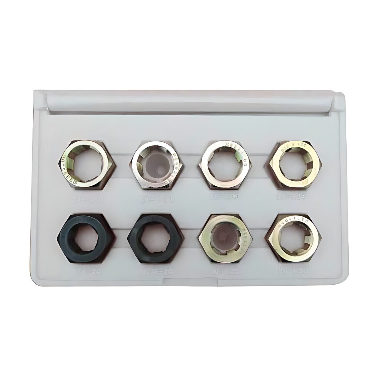 Lang set of eight rethreading dies, gold and black hex shapes in a clear plastic case