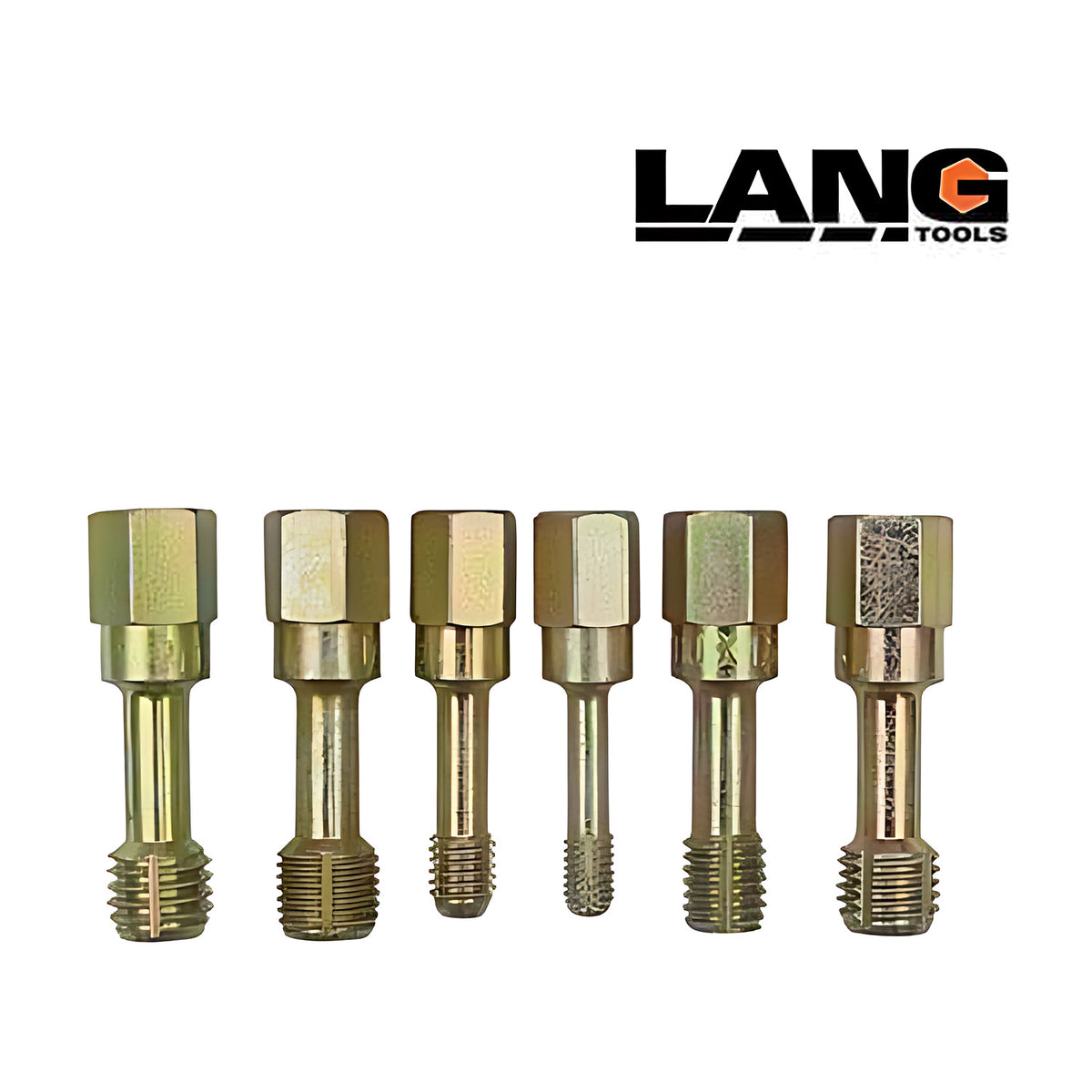 Six Lang thread restorer taps in graduated sizes in gold finish, with the Lang logo above