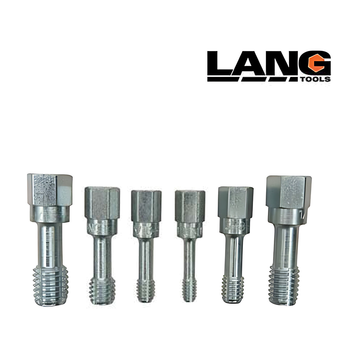 Six Lang thread restorer taps in graduated sizes in silver finish, with the Lang logo above