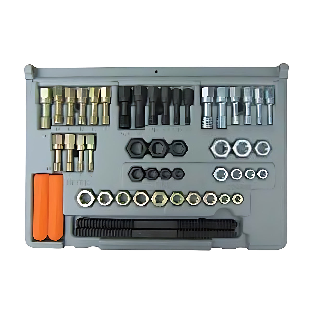 Lang thread restorer kit in a grey tray holding dies, taps and files with two orange handles