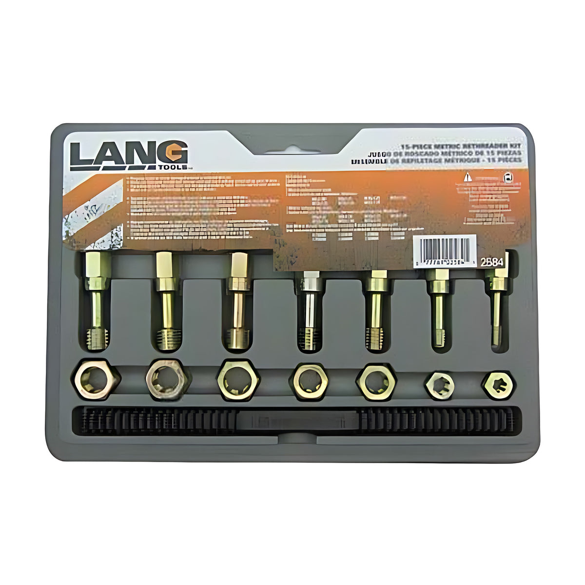 Lang metric thread restorer kit in a grey tray with gold taps in the top row, dies below and a file along the bottom