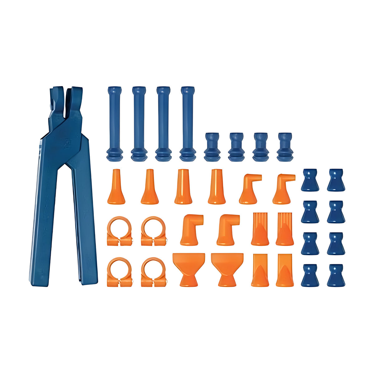 Loc-Line 15mm Lathe Adapter Kit, blue pliers, hose segments, orange clamps, nozzles and elbows