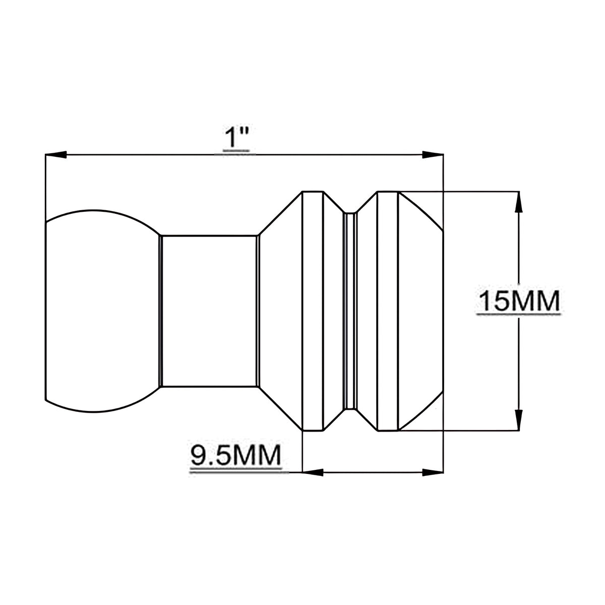 Dimension drawing of Loc-Line 15mm Short Lathe Adapters for 1/4" Modular Hose