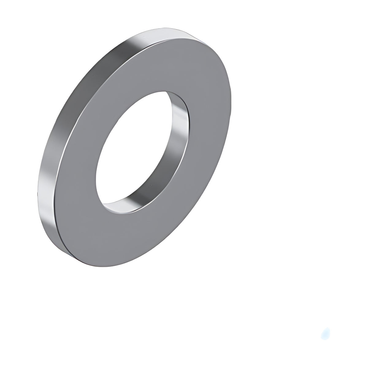Bumax M18 flat round washer, bright silver finish, shown at an angle on a white background