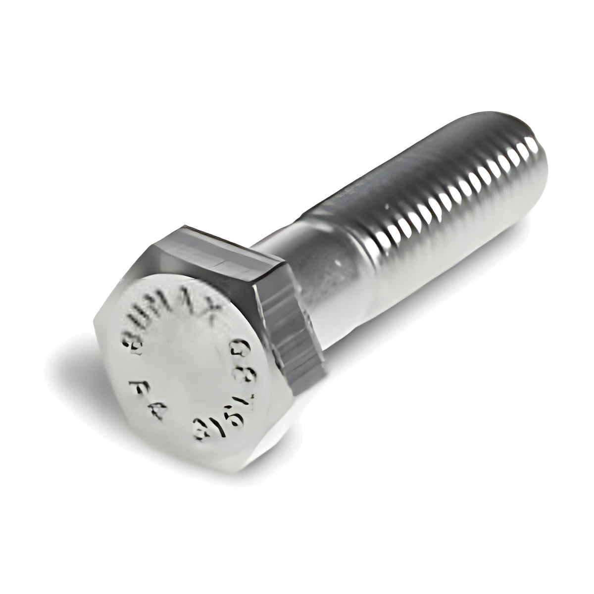 Bumax M30 x 115mm hex bolt, silver finish with brand and grade stamped on the hex head, threaded shank